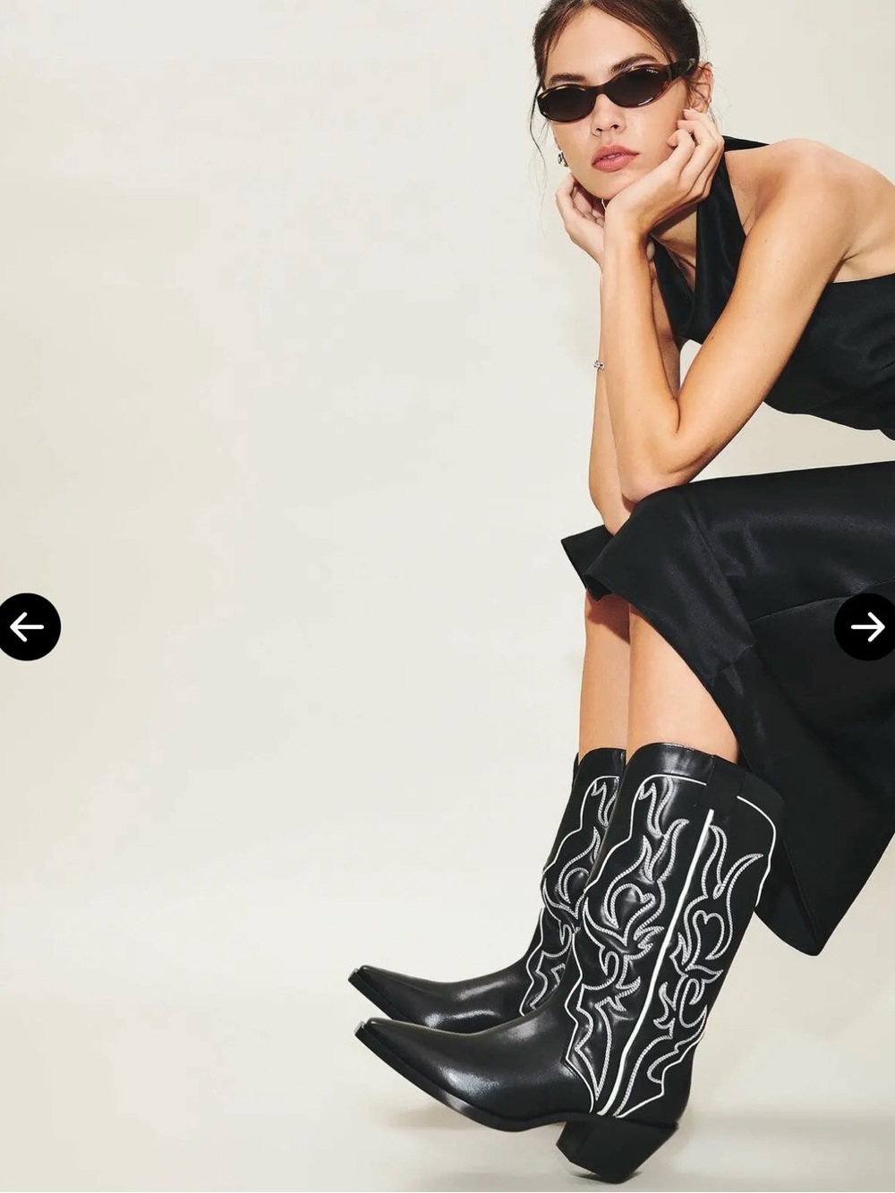 Reformation Black Leather Western Knee Boots with White Stitching
